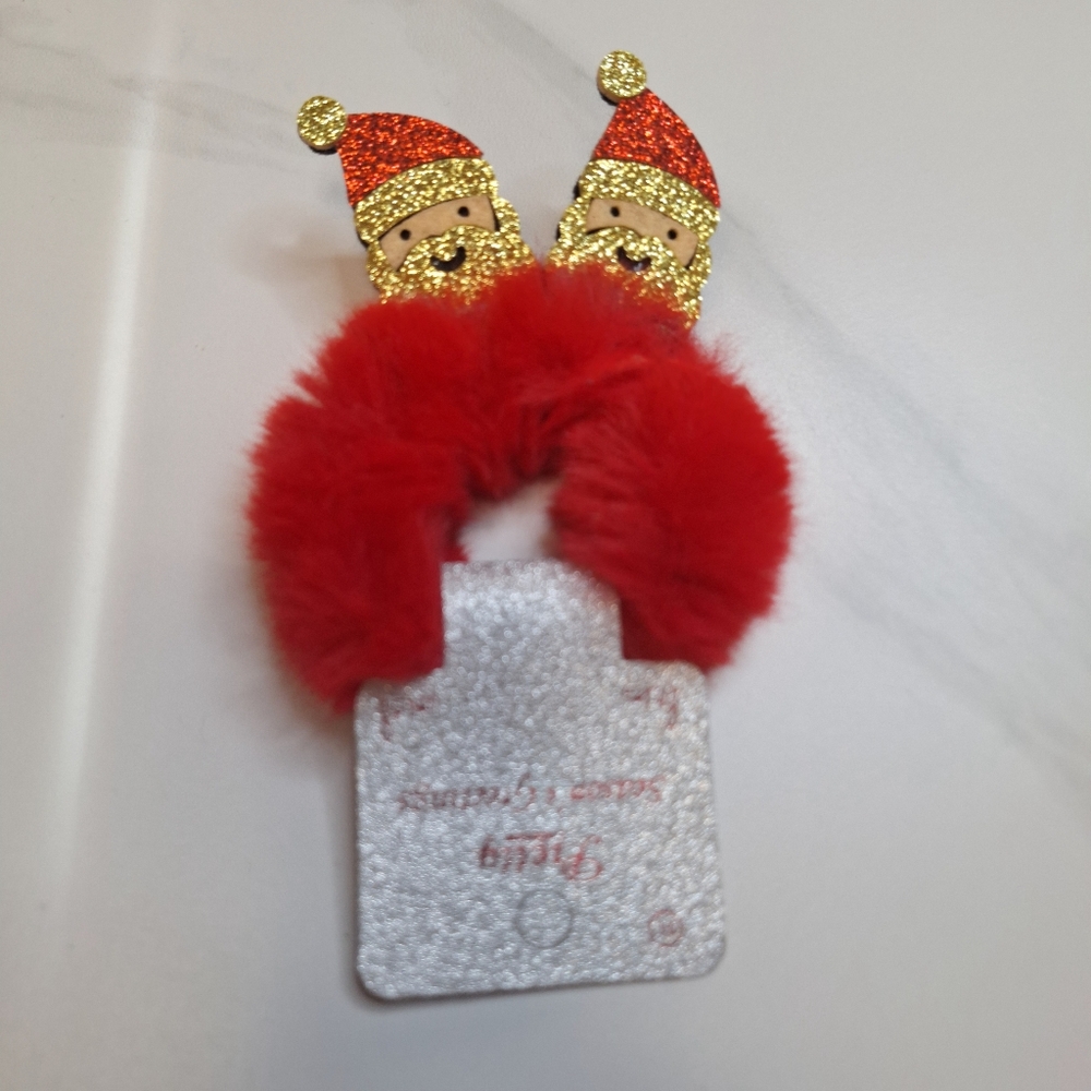 Pretty Collection Season Greetings Glittery Fuzzy Santa Hair Scrunchie